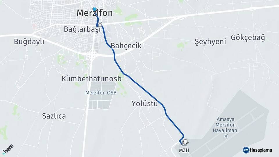Amasya Merzifon Merzifon Havalimanı Arası Kaç Km - Yol Haritası