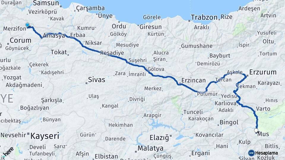 Amasya Merzifon Muş Arası Kaç Km - Yol Haritası