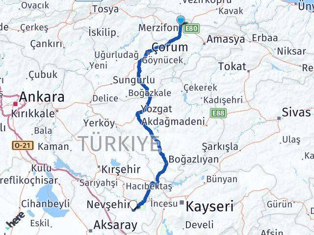 Amasya Merzifon Nevşehir Arası Kaç Km - Yol Haritası