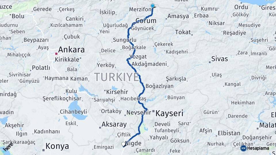 Amasya Merzifon Niğde Arası Kaç Km - Yol Haritası
