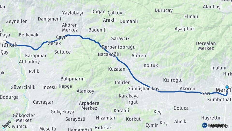 Amasya Merzifon Osmancık Çorum Arası Kaç Km - Yol Haritası