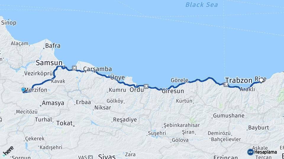 Amasya Merzifon Rize Arası Kaç Km - Yol Haritası