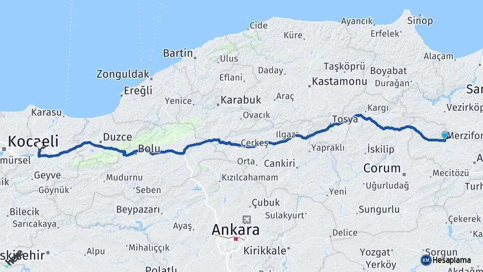 Amasya Merzifon Sakarya Arası Kaç Km - Yol Haritası