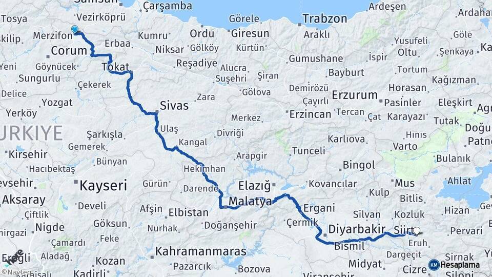 Amasya Merzifon Siirt Arası Kaç Km - Yol Haritası
