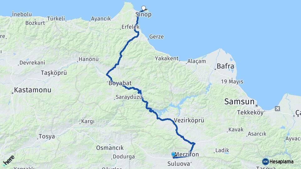 Amasya Merzifon Sinop Arası Kaç Km - Yol Haritası