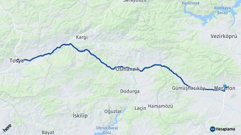 Amasya Merzifon Tosya Kastamonu Arası Kaç Km - Yol Haritası