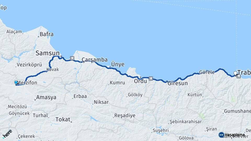 Amasya Merzifon Trabzon Arası Kaç Km - Yol Haritası