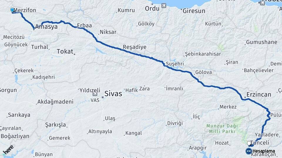 Amasya Merzifon Tunceli Arası Kaç Km - Yol Haritası