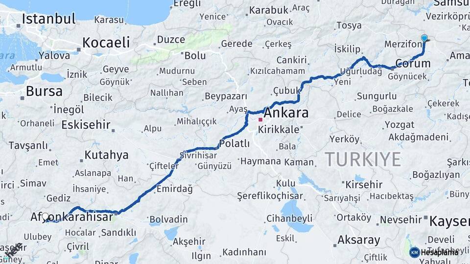 Amasya Merzifon Uşak Arası Kaç Km - Yol Haritası