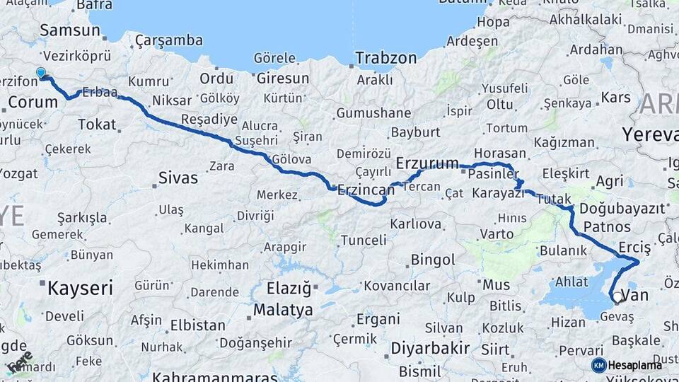 Amasya Merzifon Van Arası Kaç Km - Yol Haritası