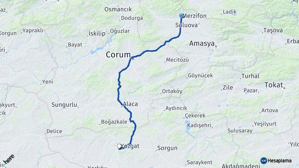 Amasya Merzifon Yozgat Arası Kaç Km - Yol Haritası