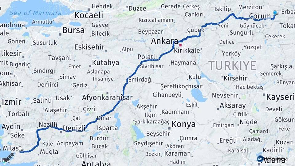 Amasya Milas Muğla Arası Kaç Km - Yol Haritası