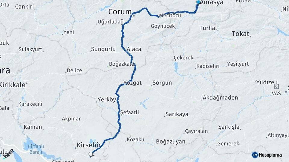 Amasya Mucur Kırşehir Arası Kaç Km - Yol Haritası