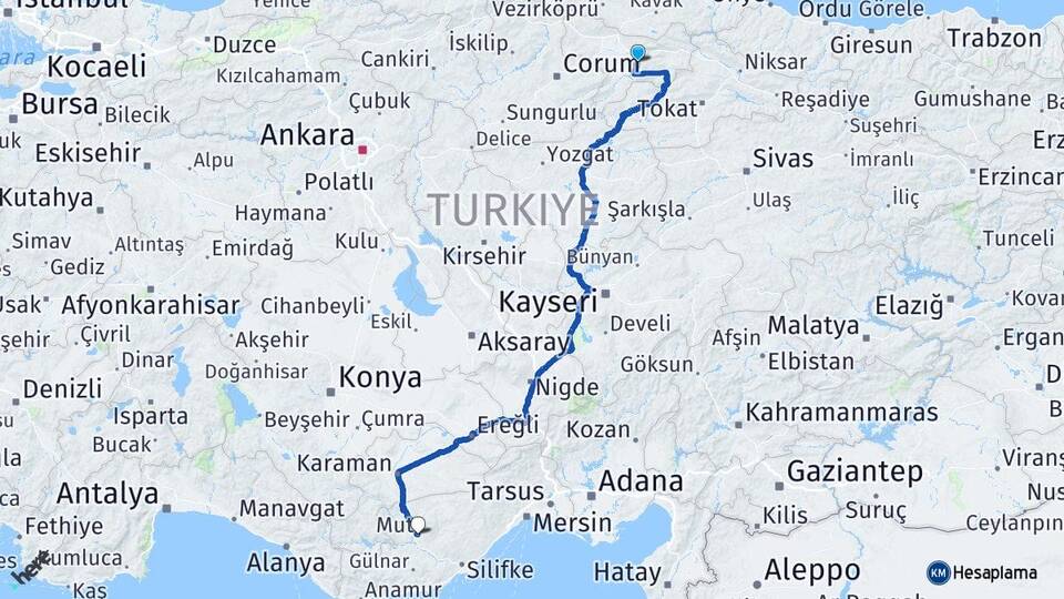 Amasya Mut Mersin Arası Kaç Km - Yol Haritası