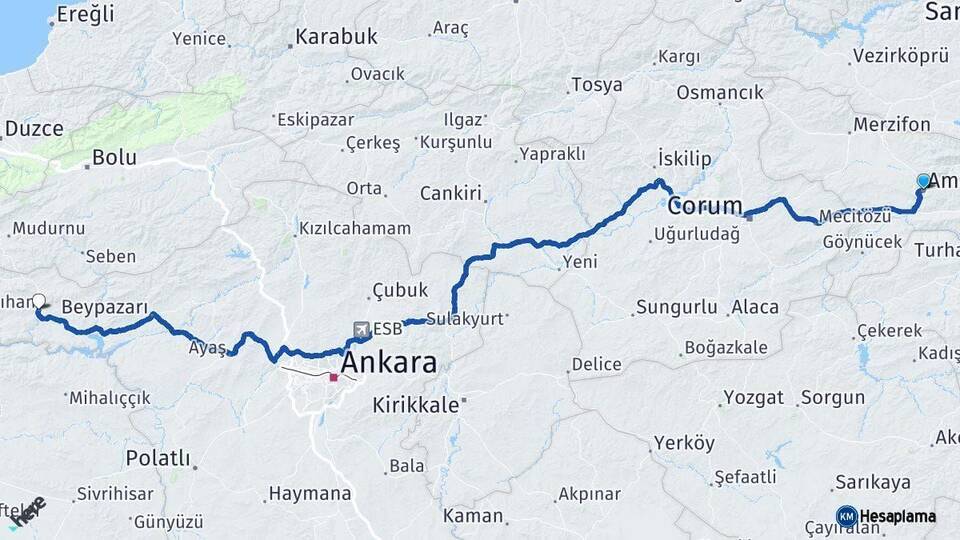 Amasya Nallıhan Ankara Arası Kaç Km - Yol Haritası