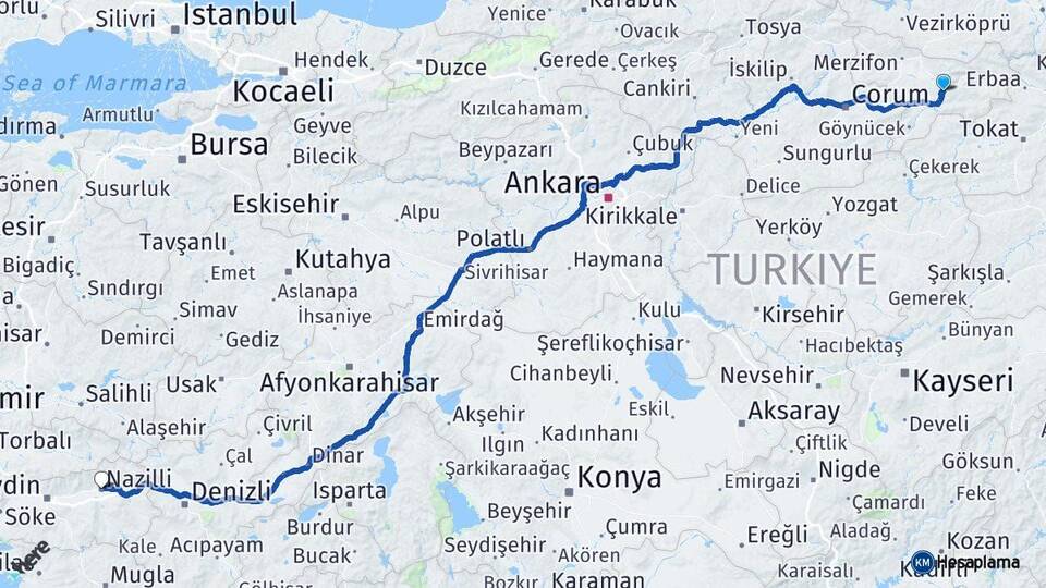 Amasya Nazilli Aydın Arası Kaç Km - Yol Haritası