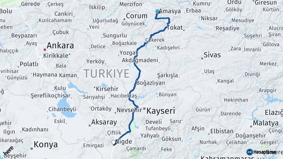 Amasya Niğde Arası Kaç Km - Yol Haritası