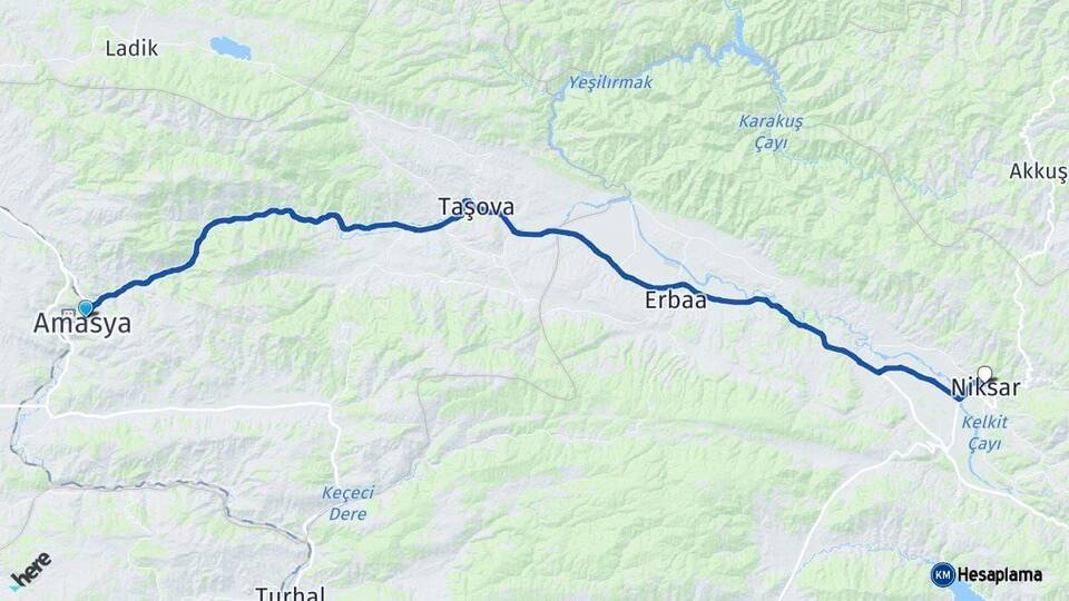 Amasya Niksar Tokat Arası Kaç Km - Yol Haritası