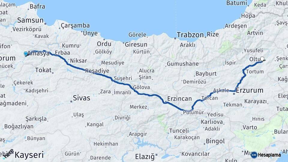 Amasya Oltu Erzurum Arası Kaç Km - Yol Haritası