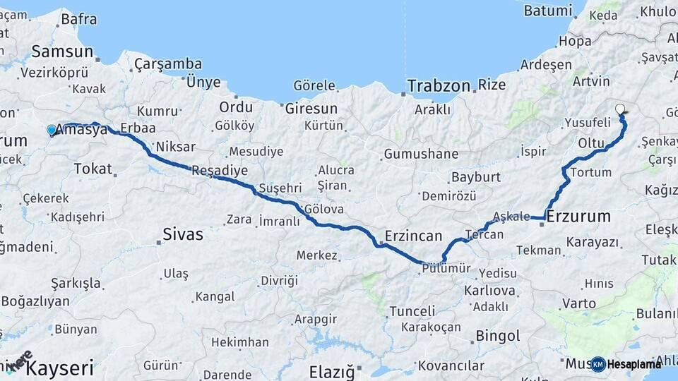 Amasya Olur Erzurum Arası Kaç Km - Yol Haritası