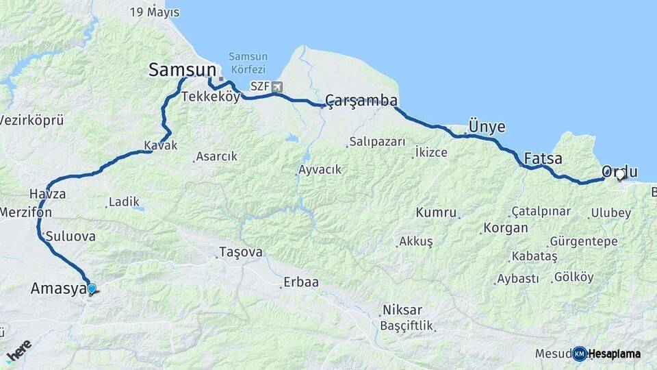 Amasya Ordu Arası Kaç Km - Yol Haritası