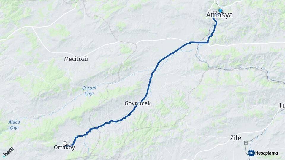 Amasya Ortaköy Çorum Arası Kaç Km - Yol Haritası