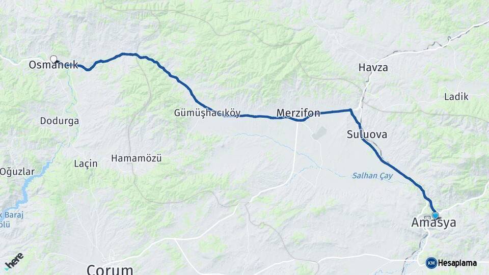 Amasya Osmancık Çorum Arası Kaç Km - Yol Haritası