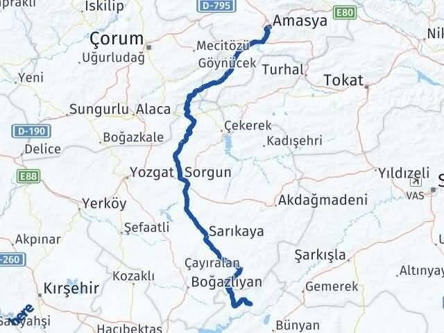Amasya Özvatan Kayseri Arası Kaç Km - Yol Haritası