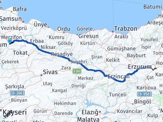 Amasya Palandöken Erzurum Arası Kaç Km - Yol Haritası