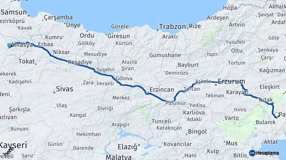 Amasya Patnos Ağrı Arası Kaç Km - Yol Haritası
