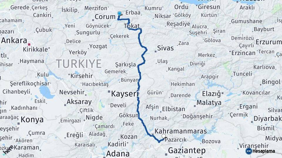 Amasya Pazarcık Kahramanmaraş Arası Kaç Km - Yol Haritası