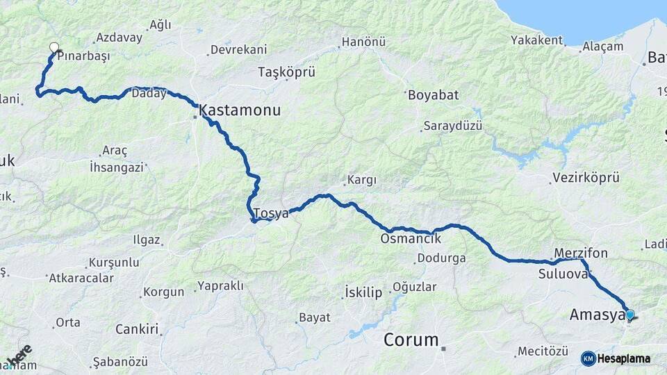Amasya Pınarbaşı Kastamonu Arası Kaç Km - Yol Haritası