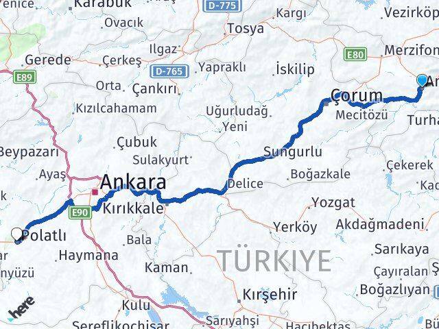 Amasya Polatlı Ankara Arası Kaç Km - Yol Haritası