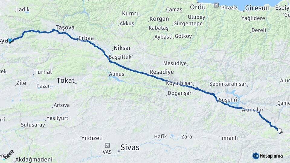 Amasya Refahiye Erzincan Arası Kaç Km - Yol Haritası
