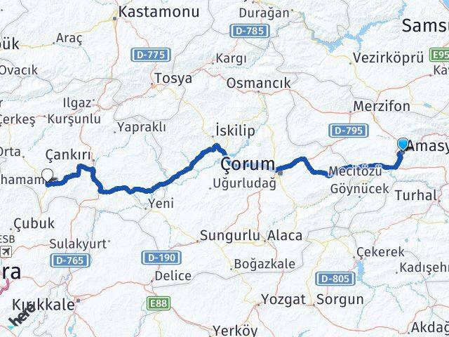 Amasya Şabanözü Çankırı Arası Kaç Km - Yol Haritası
