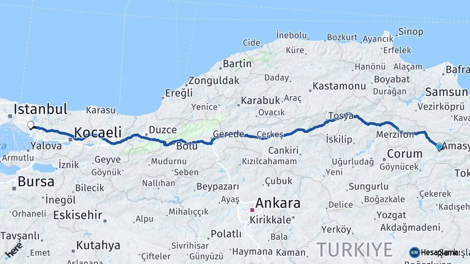 Amasya Sabiha Gökçen Havalimanı Arası Kaç Km - Yol Haritası