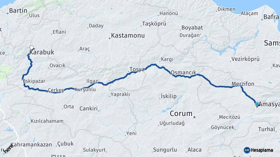 Amasya Safranbolu Karabük Arası Kaç Km - Yol Haritası