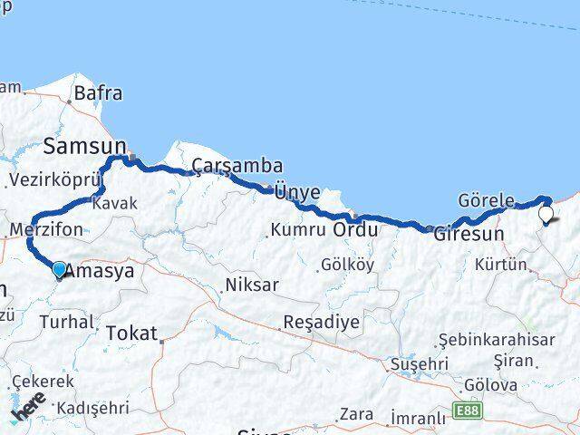 Amasya Şalpazarı Trabzon Arası Kaç Km - Yol Haritası