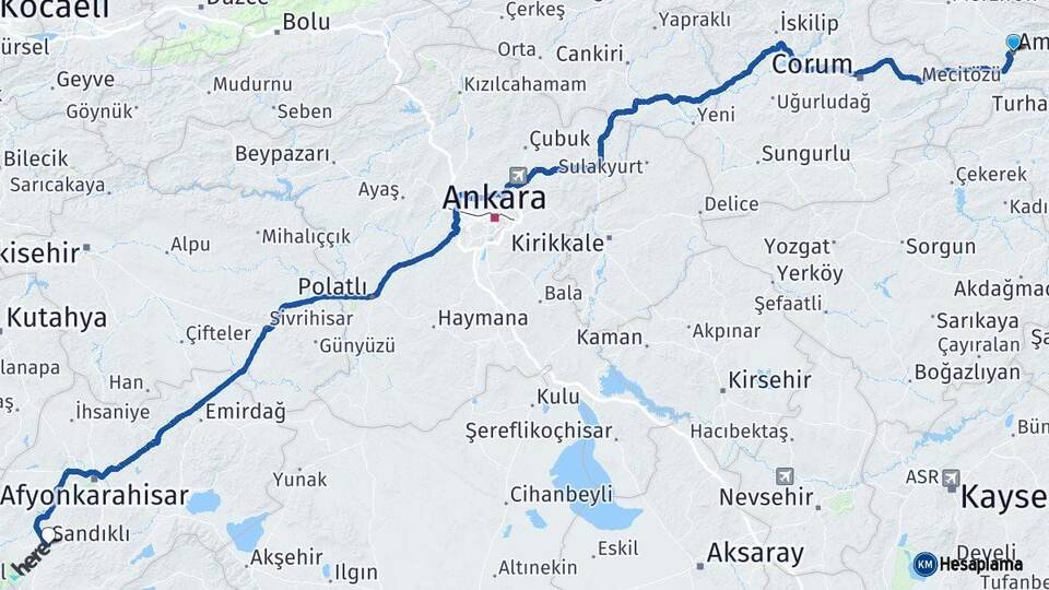 Amasya Sandıklı Afyonkarahisar Arası Kaç Km - Yol Haritası