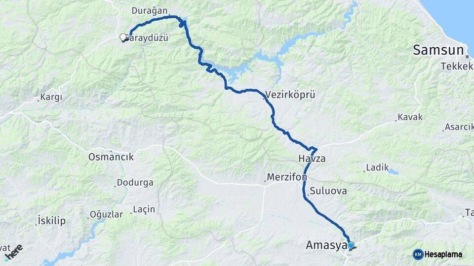 Amasya Saraydüzü Sinop Arası Kaç Km - Yol Haritası