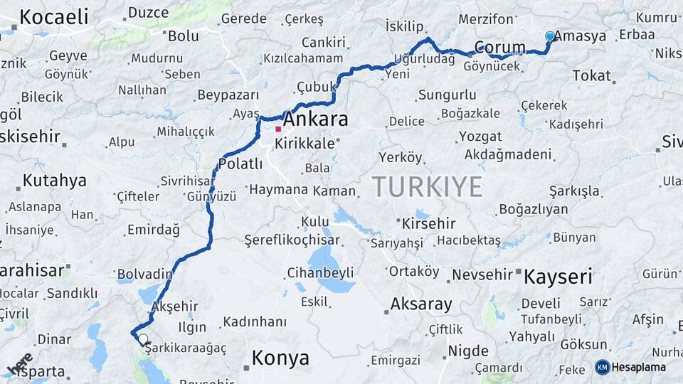 Amasya Şarkikaraağaç Isparta Arası Kaç Km - Yol Haritası