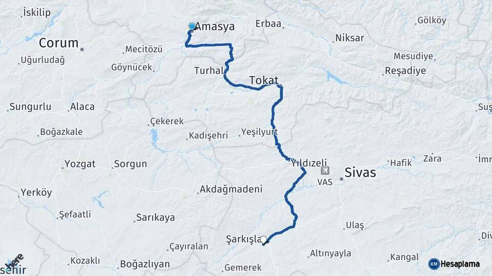 Amasya Şarkışla Sivas Arası Kaç Km - Yol Haritası