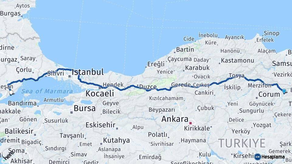 Amasya Şarköy Tekirdağ Arası Kaç Km - Yol Haritası