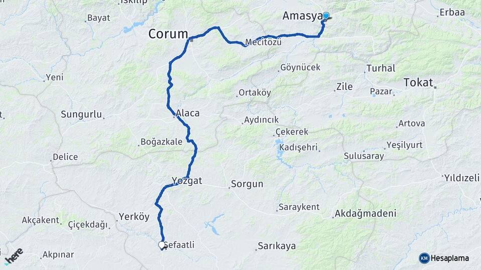 Amasya Şefaatli Yozgat Arası Kaç Km - Yol Haritası