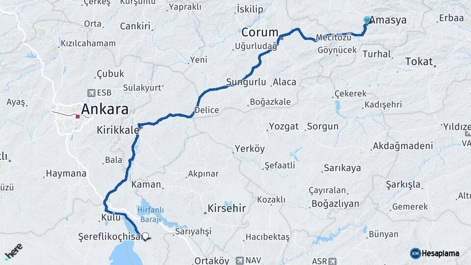 Amasya Şereflikoçhisar Ankara Arası Kaç Km - Yol Haritası