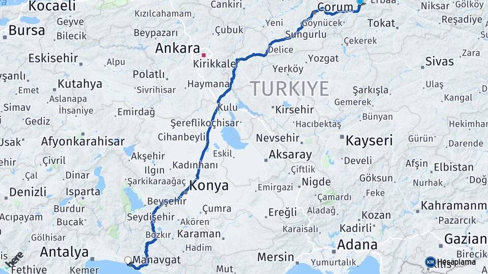 Amasya Side Manavgat Antalya Arası Kaç Km - Yol Haritası