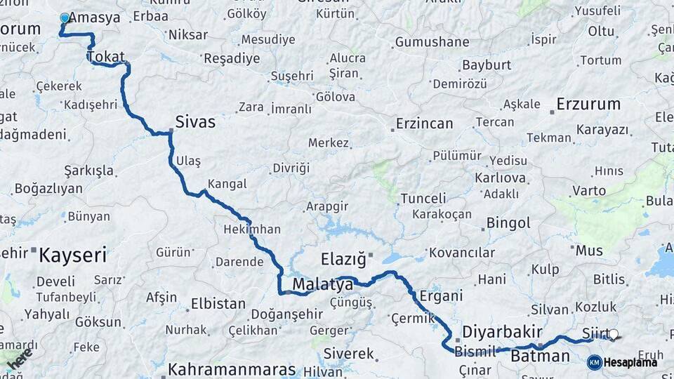 Amasya Siirt Arası Kaç Km - Yol Haritası