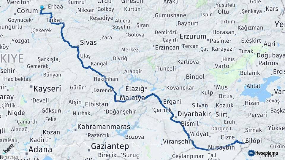 Amasya Silopi Şırnak Arası Kaç Km - Yol Haritası