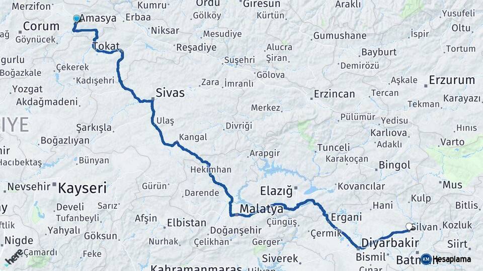 Amasya Silvan Diyarbakır Arası Kaç Km - Yol Haritası
