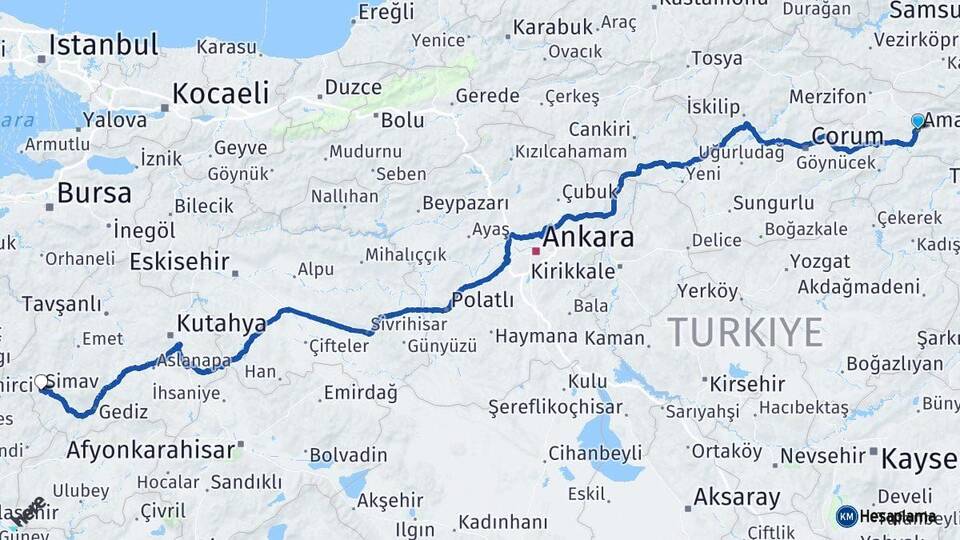 Amasya Simav Kütahya Arası Kaç Km - Yol Haritası